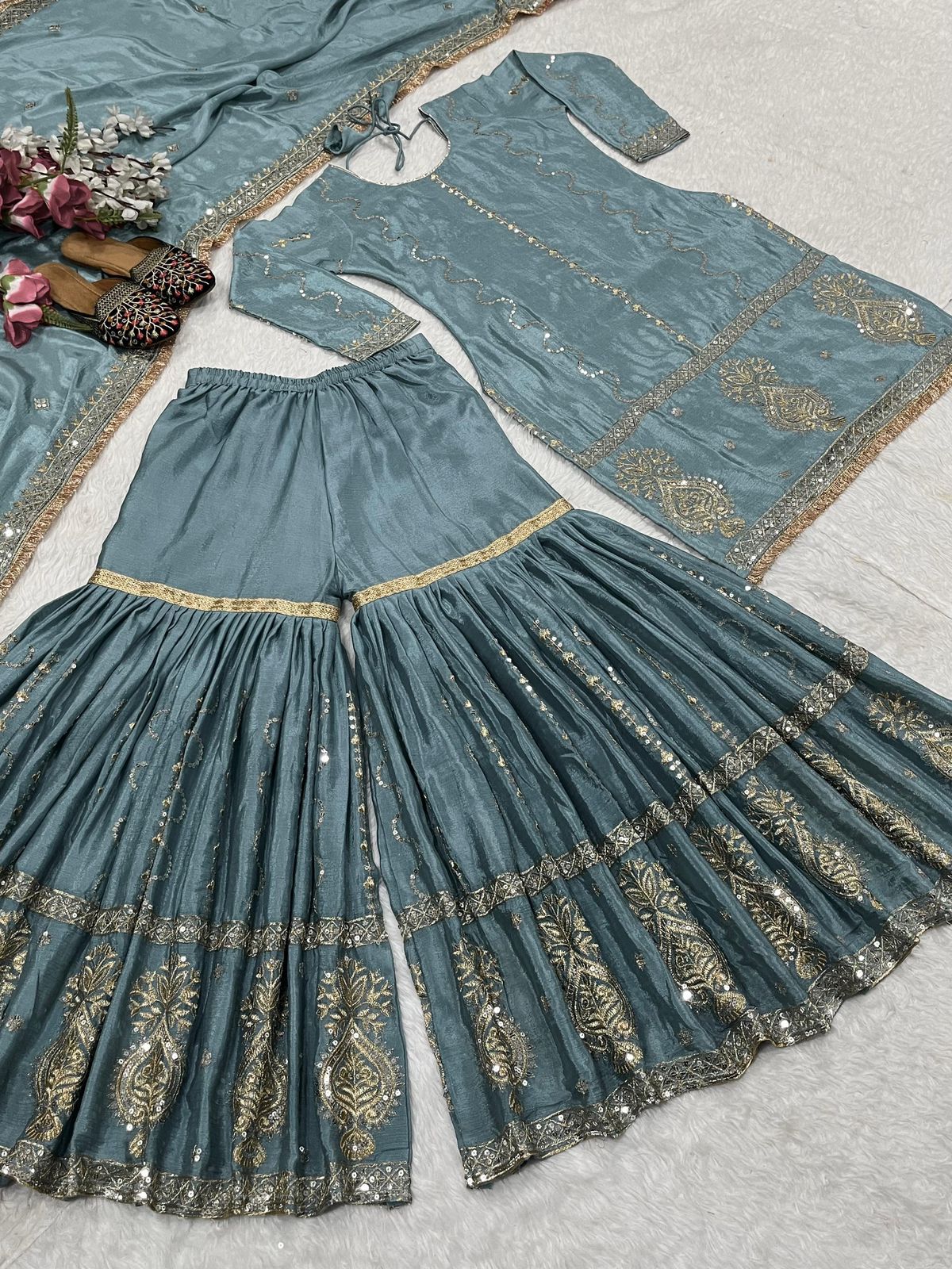 Product Image - Exclusive Designer Suit with Embroidered Chinon Silk