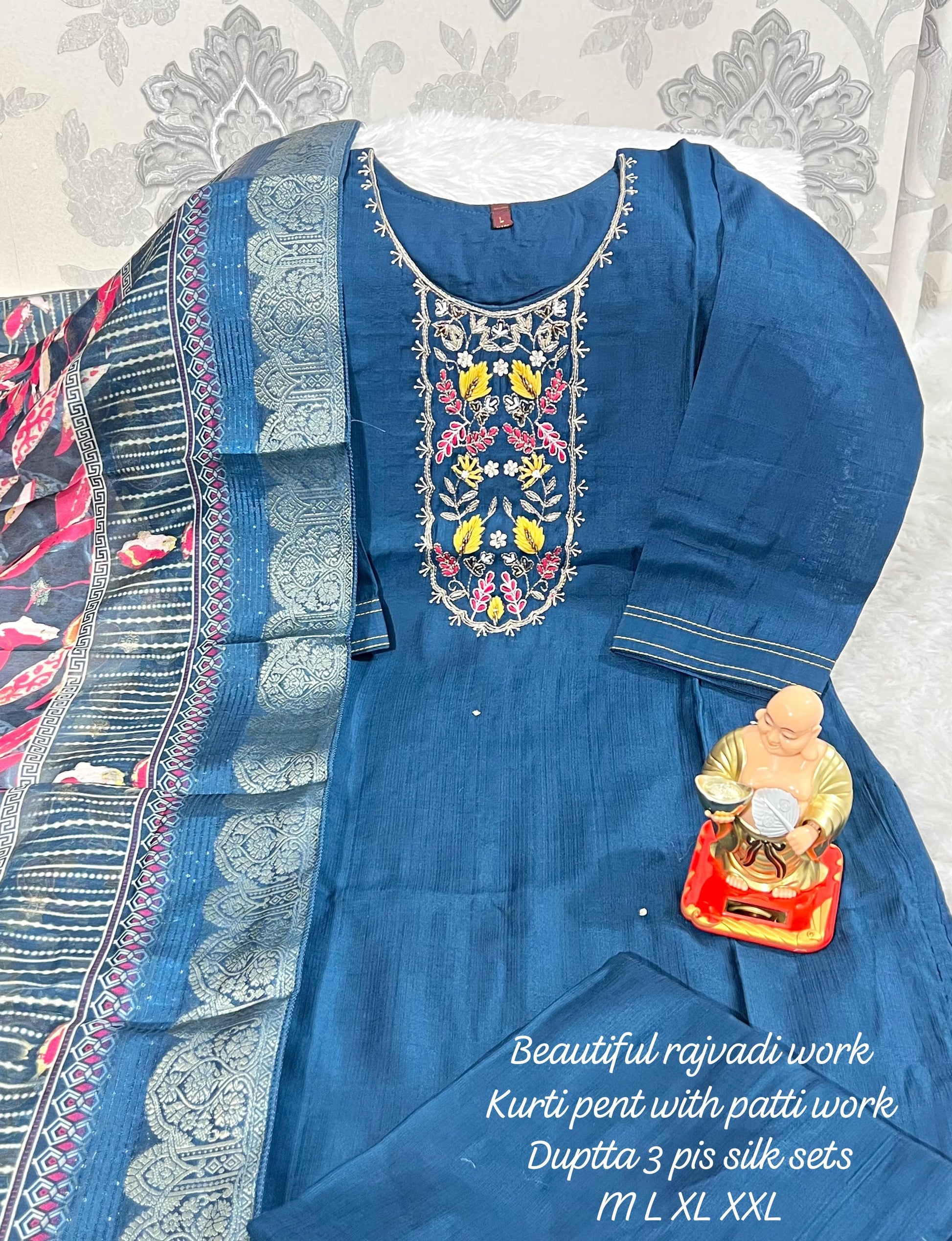Product Image - Designer Handwork Kurti with Pant & Dupatta Set in Premium Roman Silk – Festive & Wedding Ready