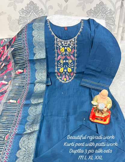 Product Image - Designer Handwork Kurti with Pant & Dupatta Set in Premium Roman Silk – Festive & Wedding Ready