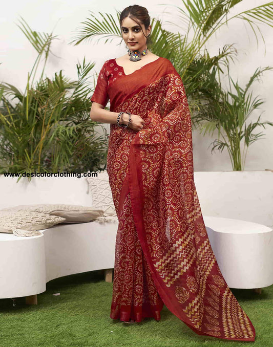 Red Cotton Printed Saree