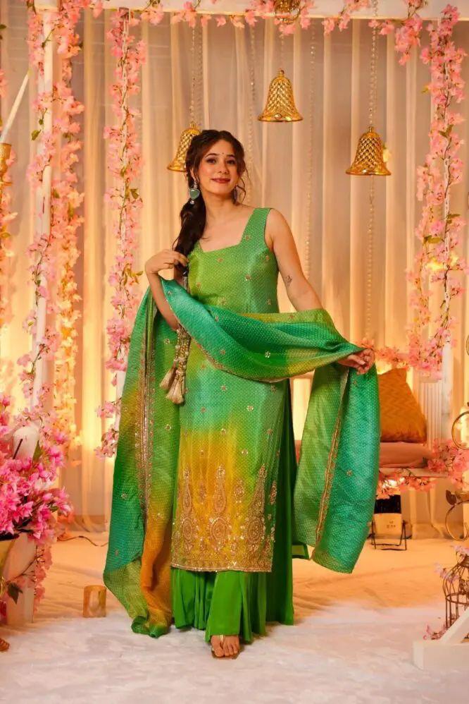 Product Image - Elegant Green Bandhej Print Suit with Beadwork | Designer Festive Wear