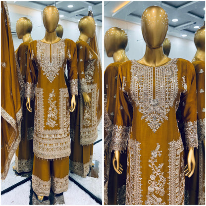 Product Image - Designer Georgette Wedding Saree - Pure Chinnon Silk with Heavy Embroidery