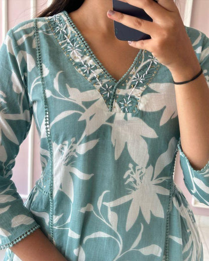 Product Image - Designer Cotton Kurti Set - Floral Print & Comfort Fit