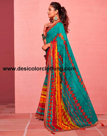 Teal Blue Chiffon Printed Saree