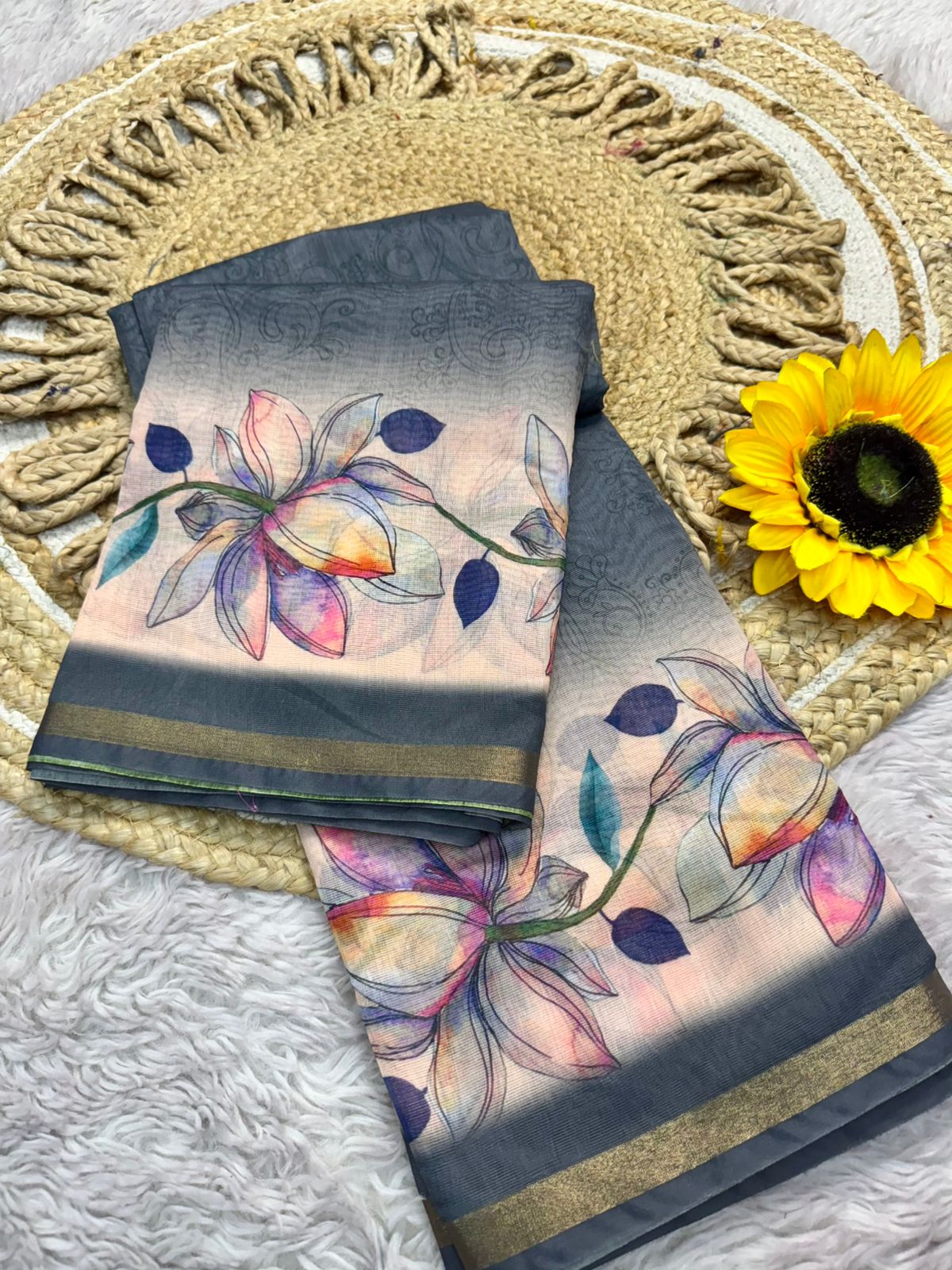 Product Image - Designer Dola Silk Saree with Floral Weave and Contrast Border