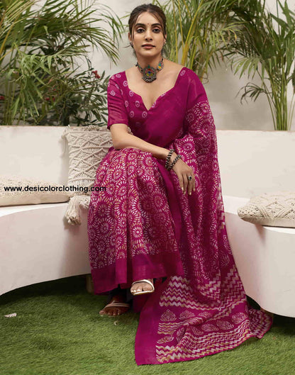 Rani Pink Cotton Printed Saree