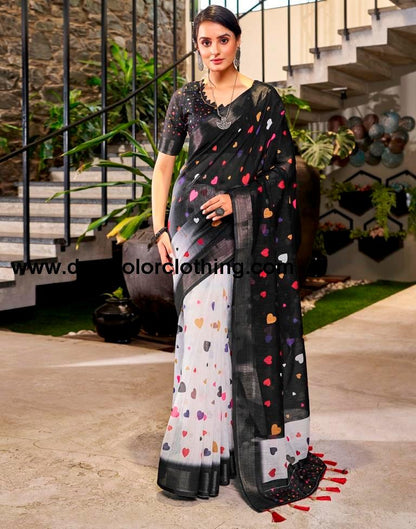 Black Linen Printed  Saree