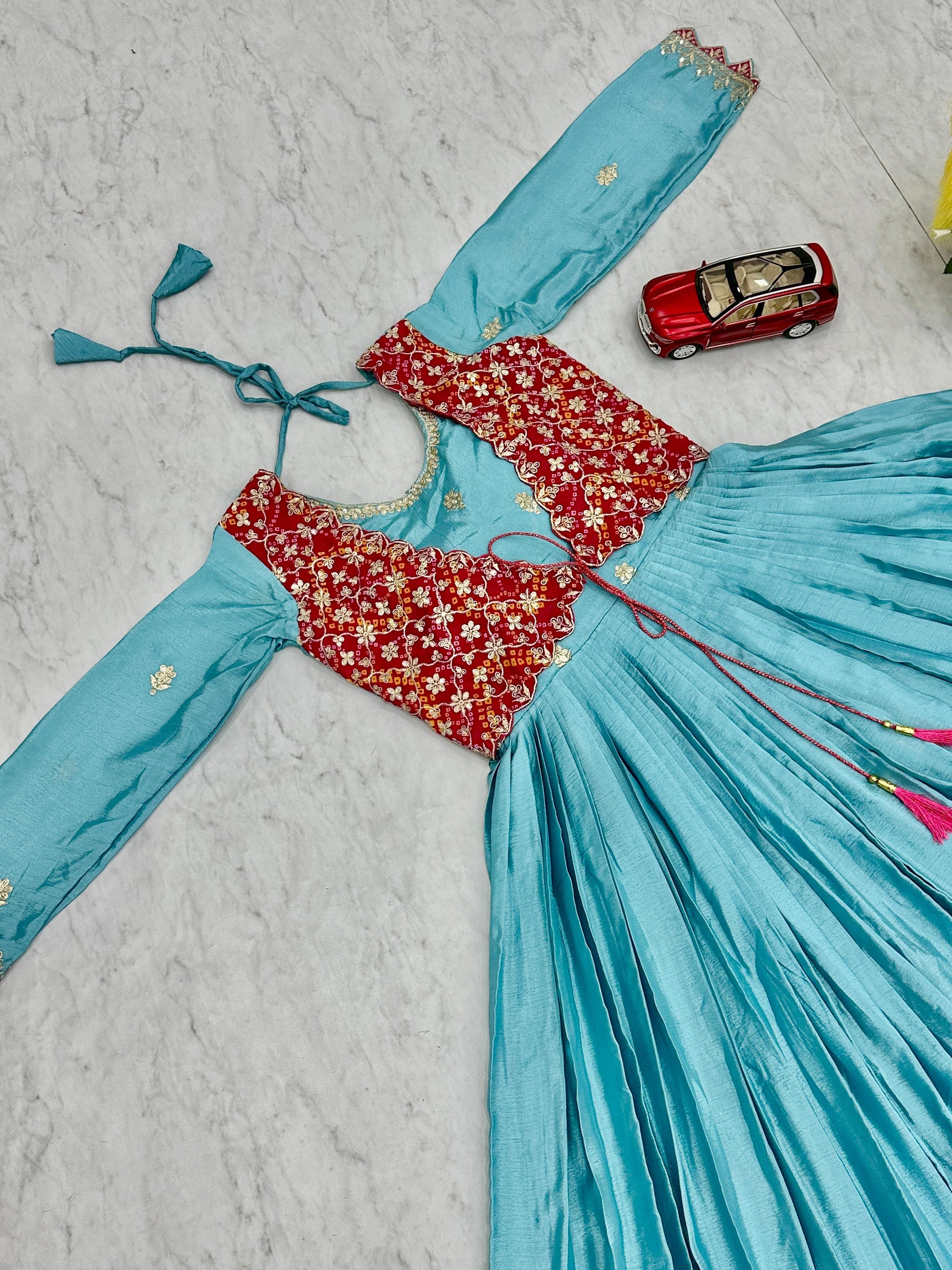 Product Image - Designer Bandhej Gown with Attached Shrug - Perfect Wedding & Festive Attire