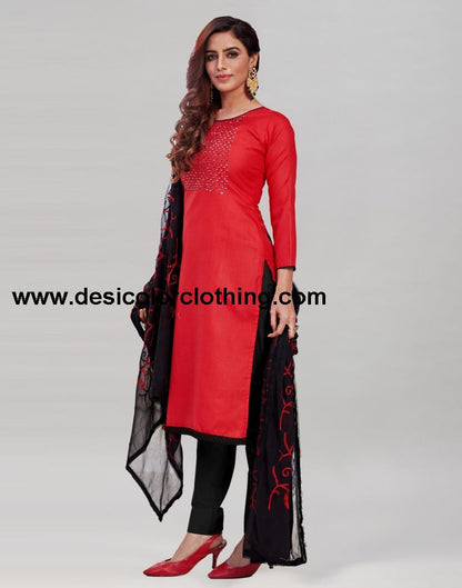 Red Cotton Handwork Unstitched Salwar Suit