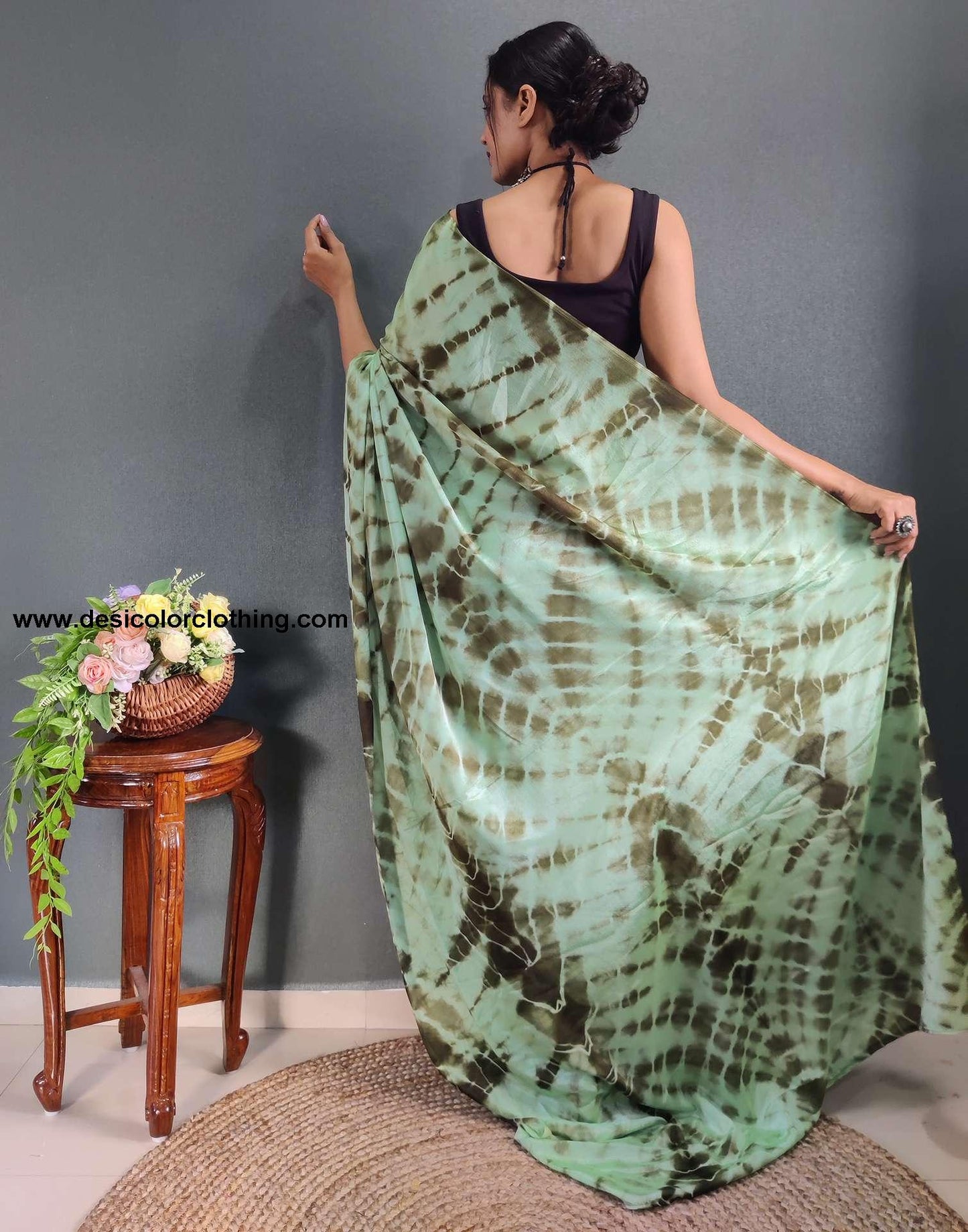 Sea Green Printed Silk Pre-draped Saree