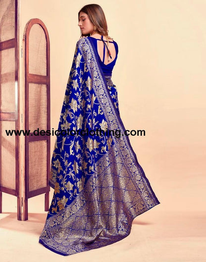 Dark Blue and Golden Silk Saree with Jacquard Border & Matching Blouse