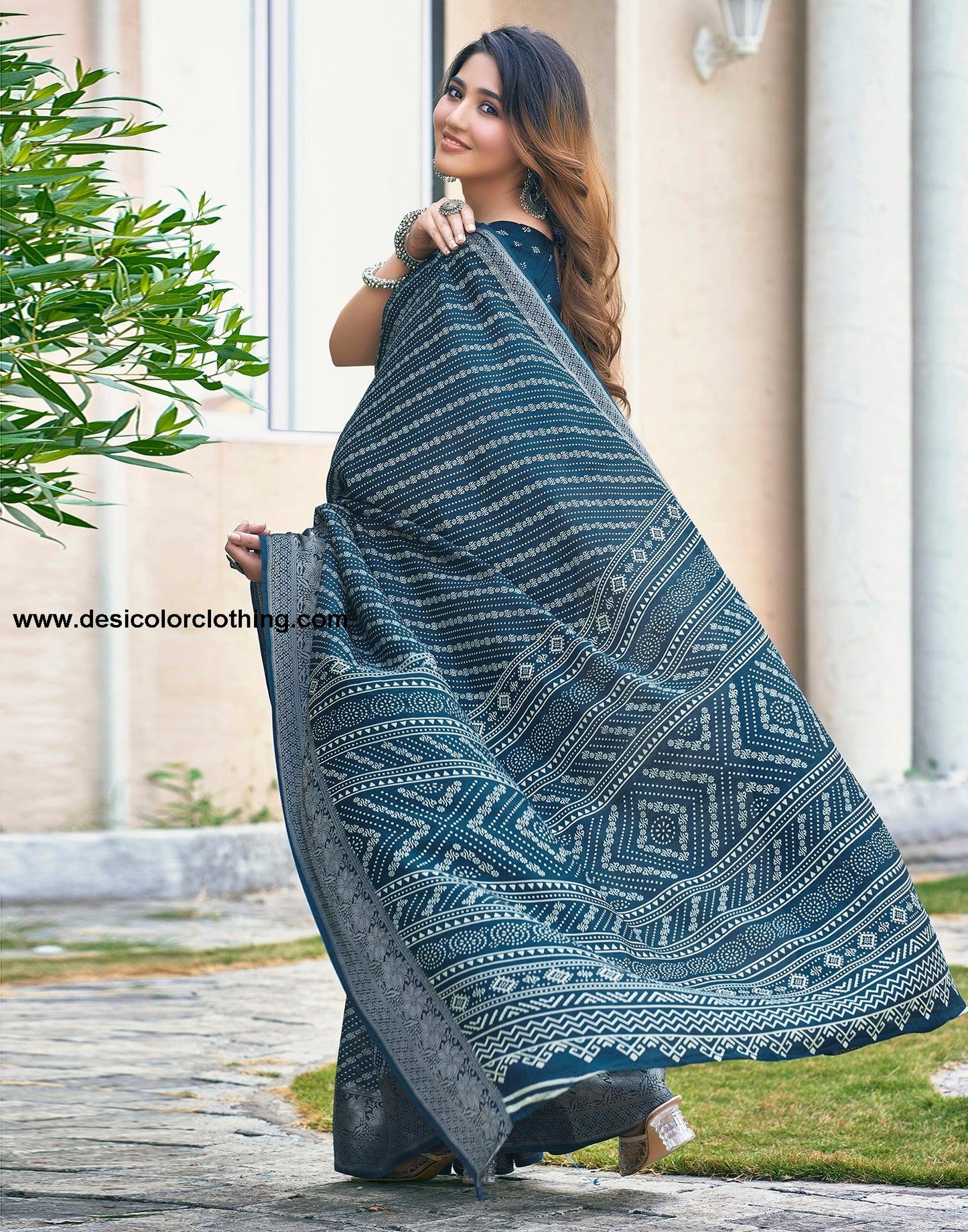 Sea Blue Silk Printed Saree