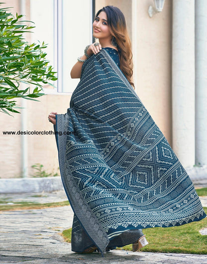 Sea Blue Silk Printed Saree