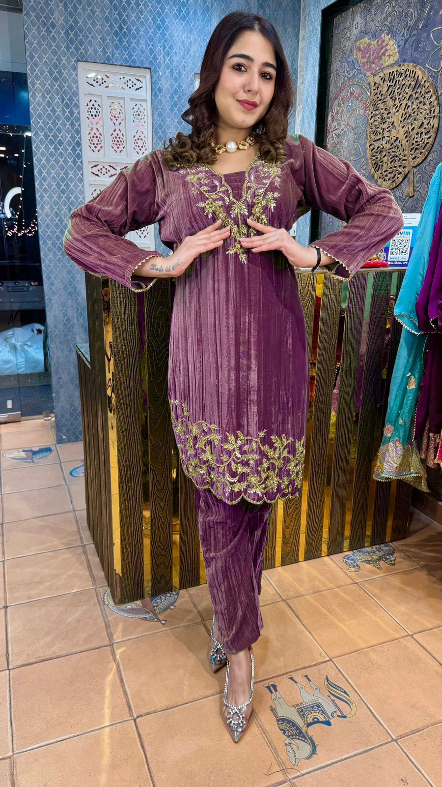 Product Image - Designer Blooming Velvet Embroidery Work Suit with Pant