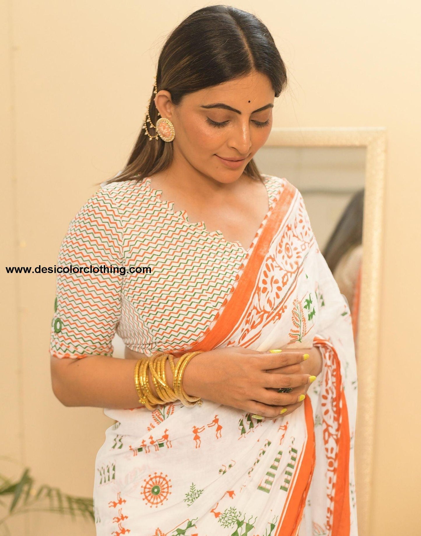 White Printed Cotton Pre-Draped Saree