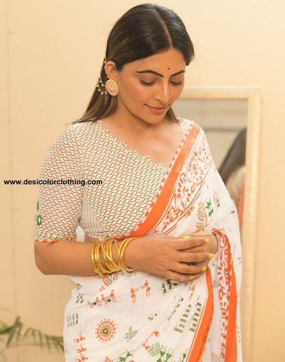 White Printed Cotton Pre-Draped Saree