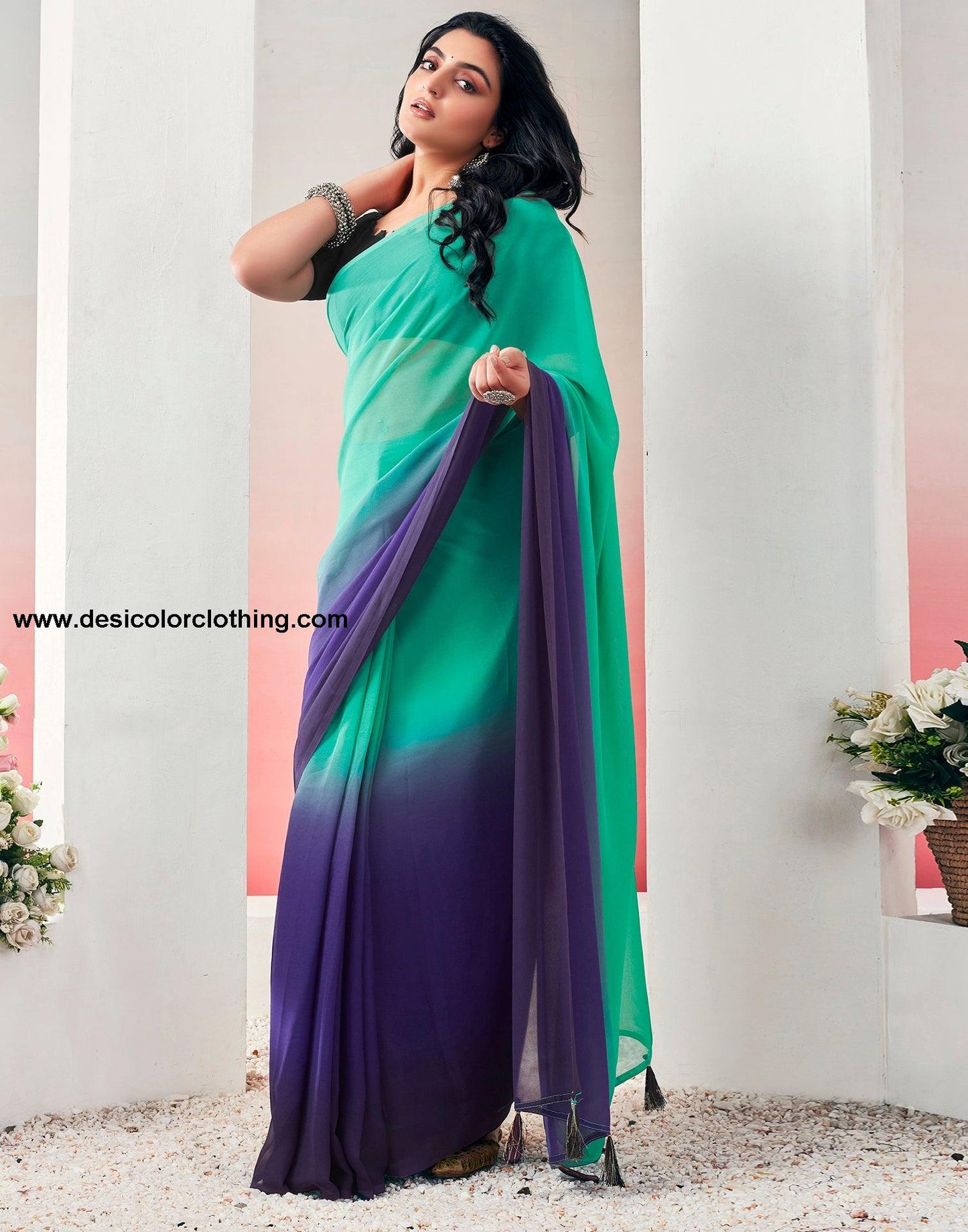Teal Green Georgette Plain Ready to Wear Saree