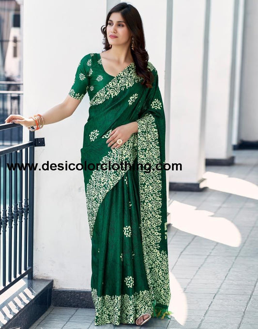 Bottle Green Silk Printed Saree