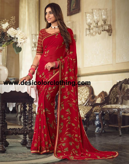 Red Georgette Printed Saree