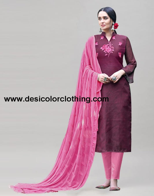 Wine Cotton Printed Unstitched Salwar Suit