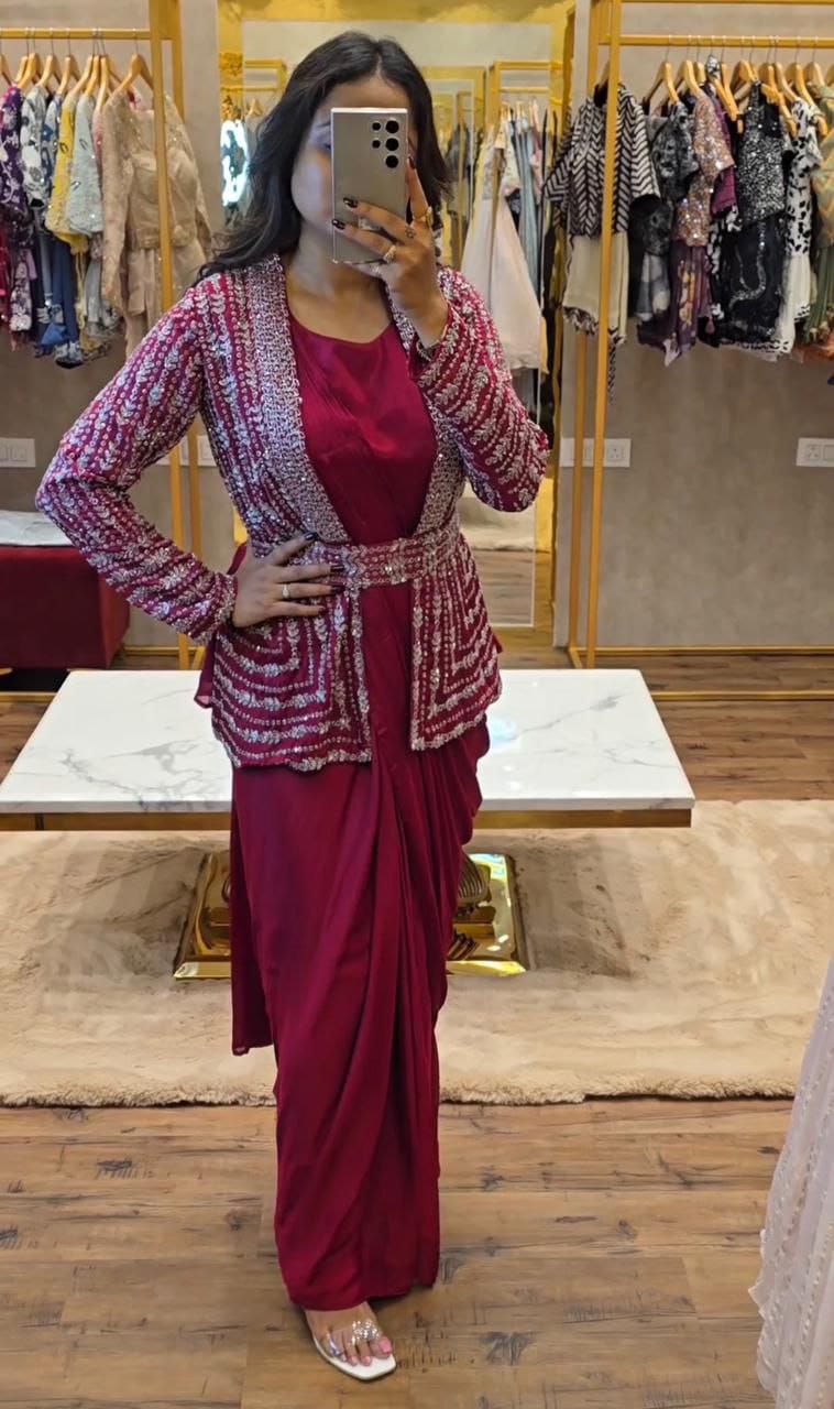 Product Image - Elegant Designer Gown with Koti and Dupatta | Festive Wear | Wedding Saree