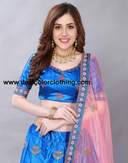 Sparkling Blue Coloured Satin Silk Embroidered Casual Wear Lehenga | SLV119L10391
