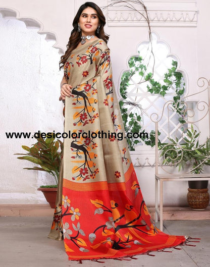 Beige Printed Silk Saree