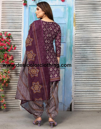 Wine Printed Cotton Unstitched Salwar Suit Material