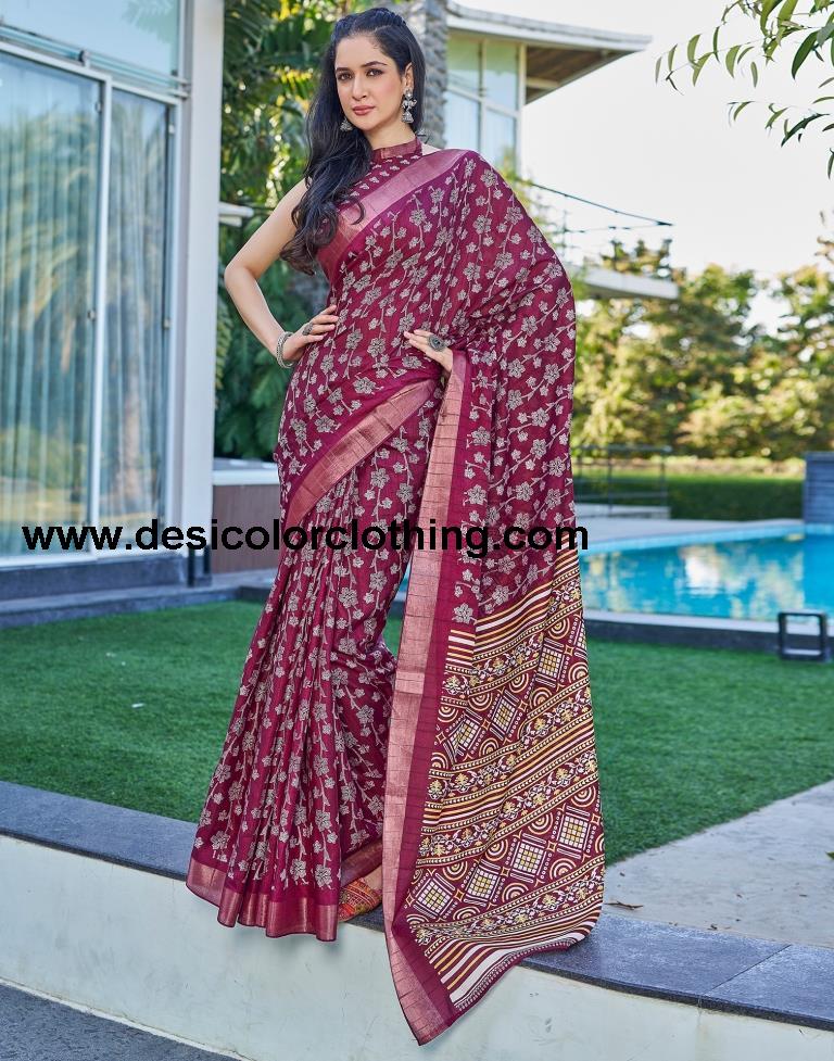 Wine Silk Printed Saree