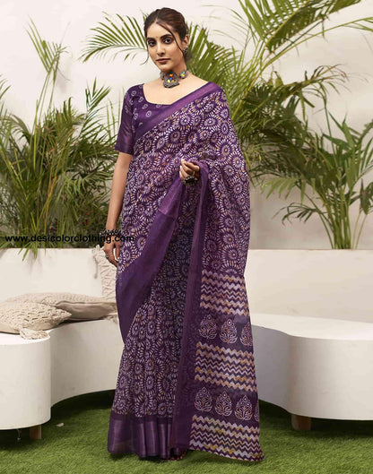 Deep Purple Cotton Printed Saree