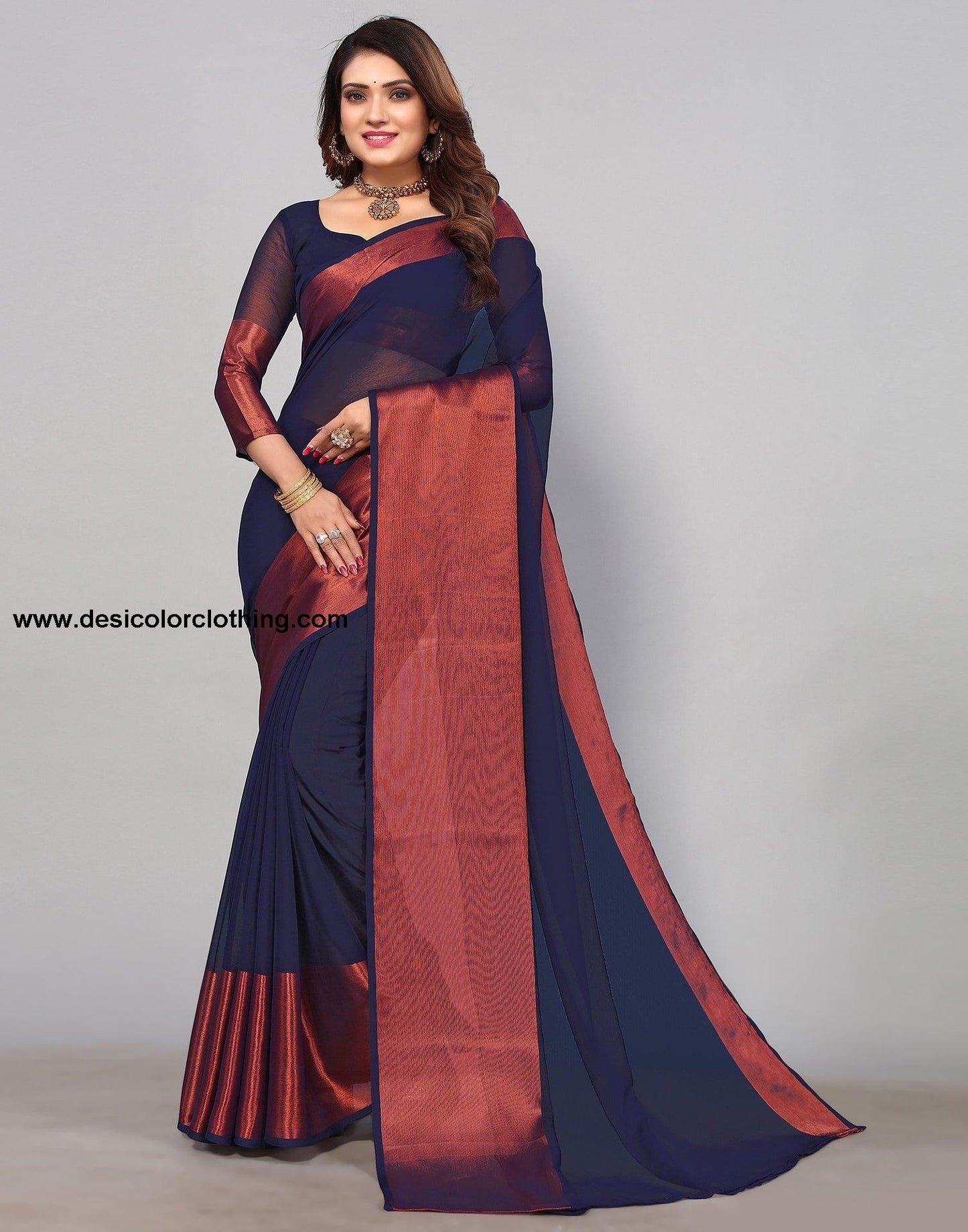 Dark Blue Chiffon Plain Saree