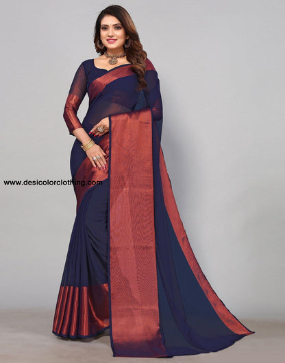 Dark Blue Chiffon Plain Saree