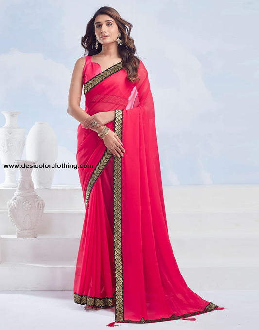 Red Plain Georgette Saree