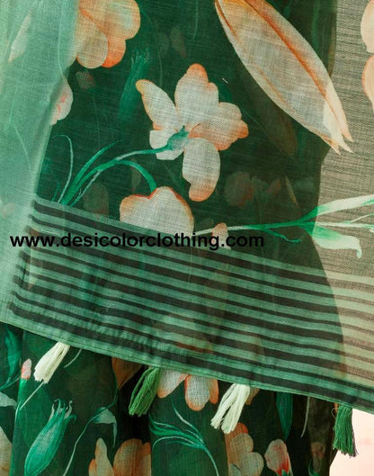 Dark Green Linen Printed Sarees