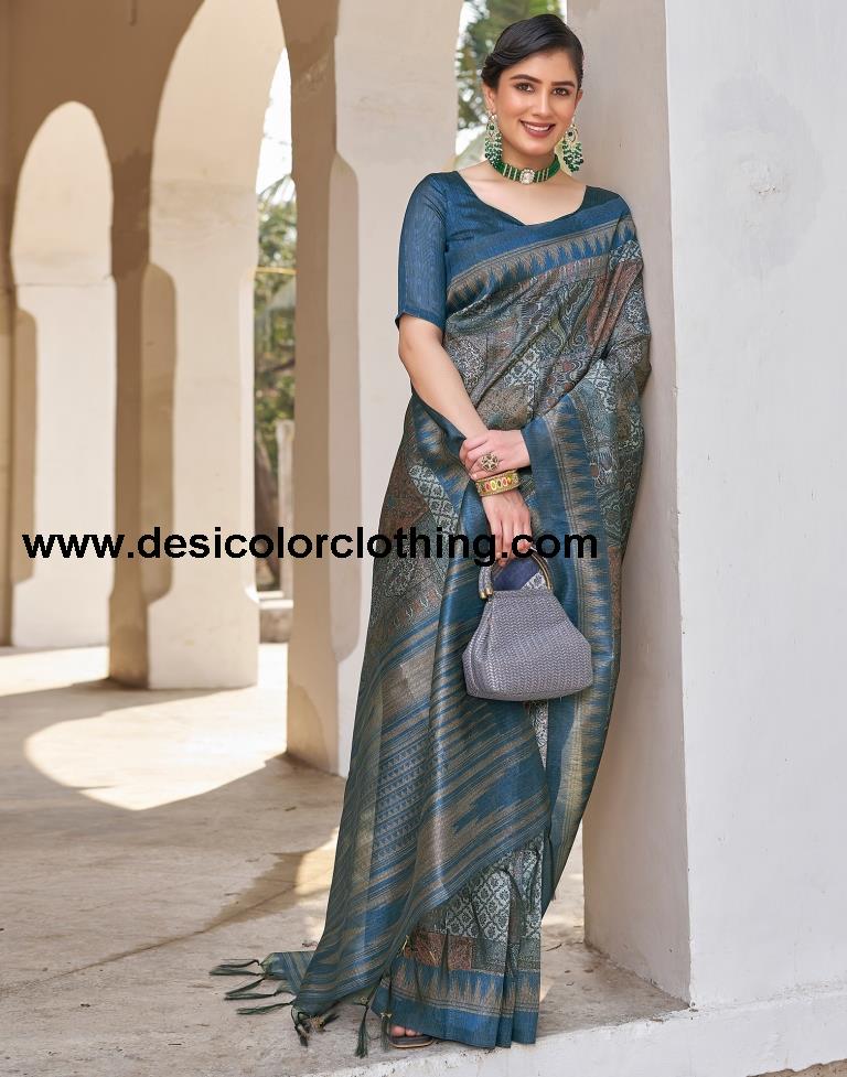 Blue Silk Printed Ready To Wear