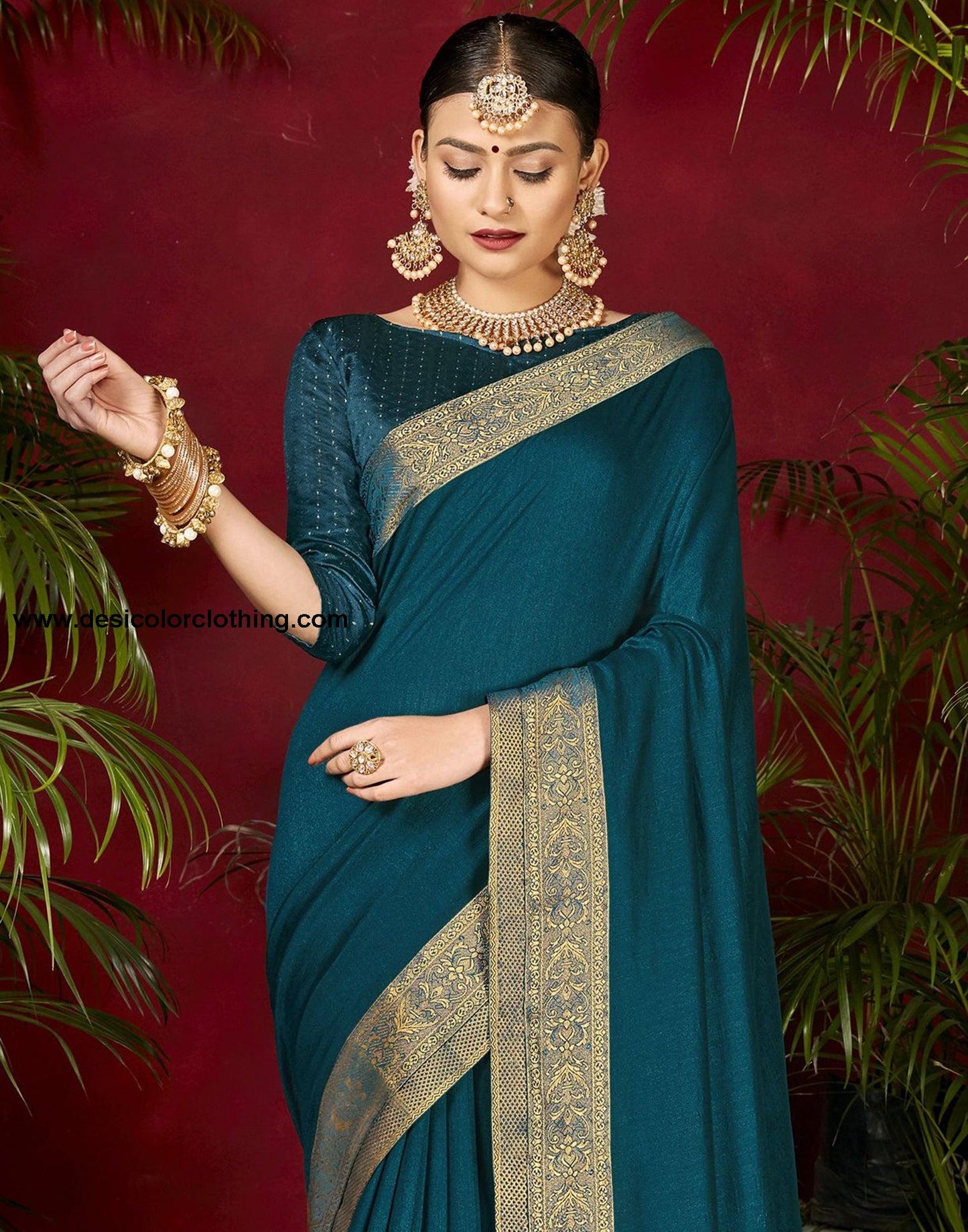 Dark Teal Blue Plain Silk Saree