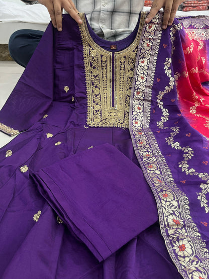 Product Image - Exquisite Anarkali Flared Silk Kurti Pant Dupatta Set