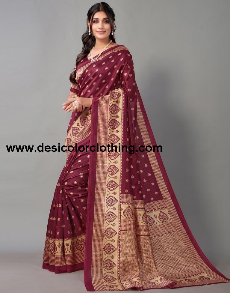 Beige And Maroon Banarasi Silk Saree