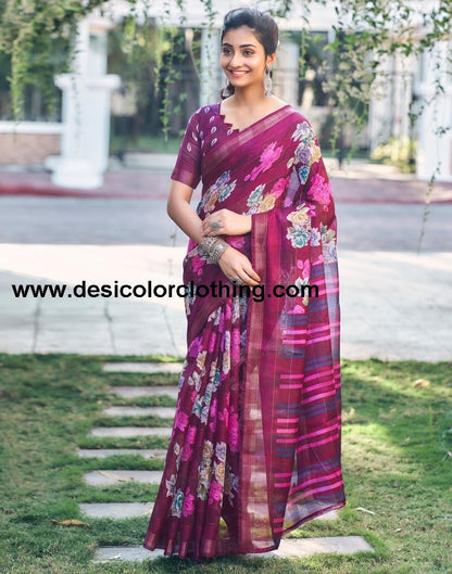 Dark Purple Cotton Printed Saree