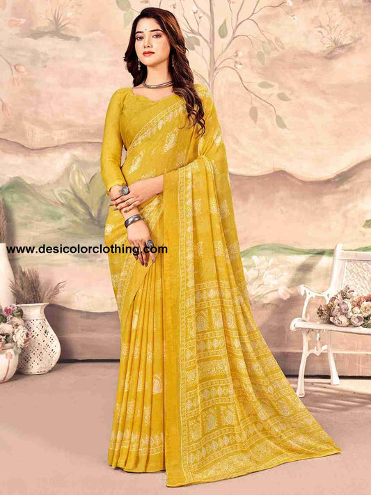Yellow Chiffon Printed Saree