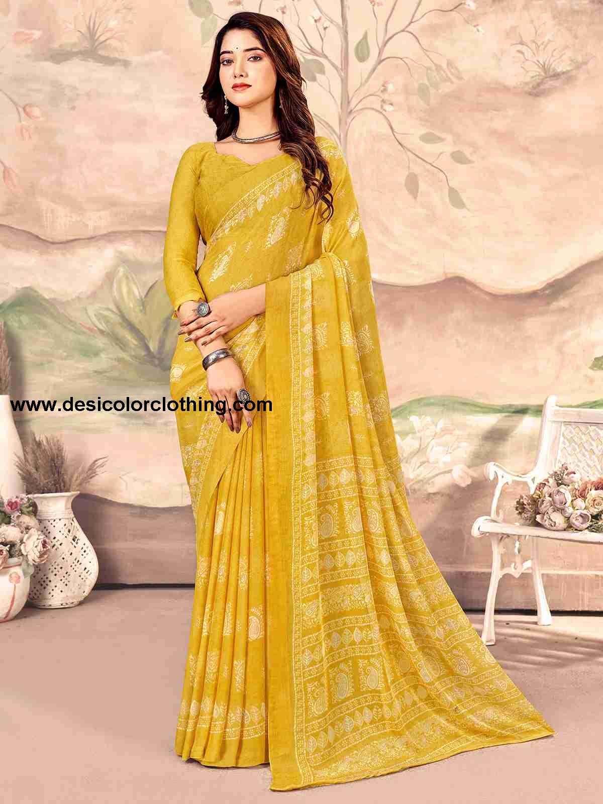 Yellow Chiffon Printed Saree