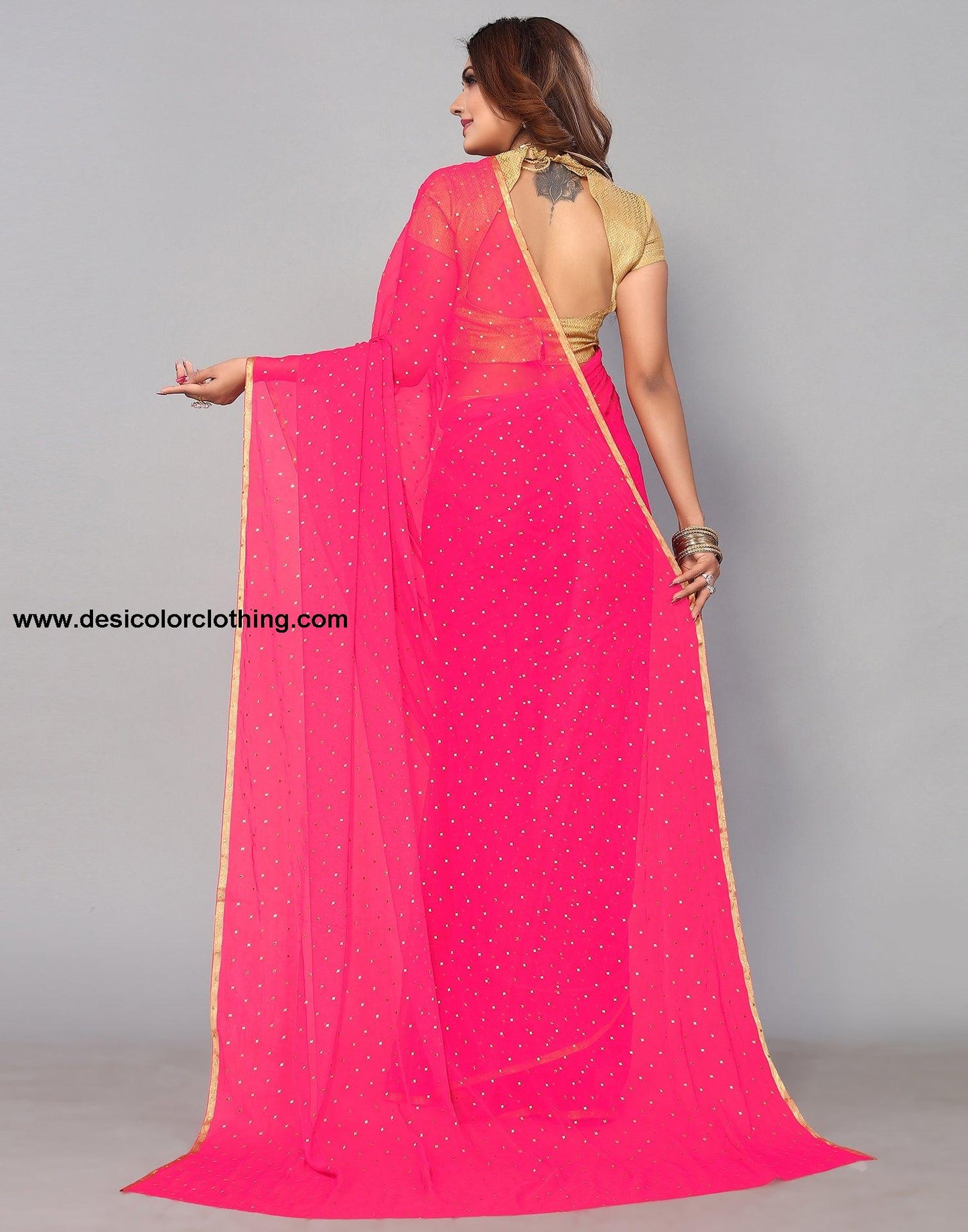 Pink Chiffon Plain Saree