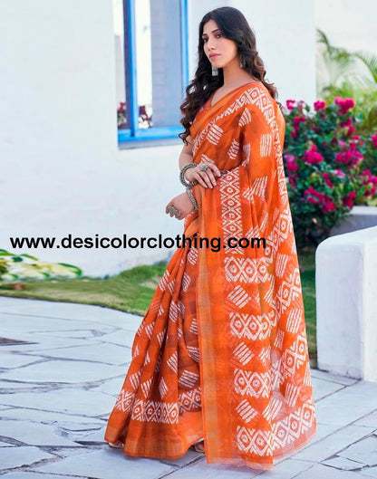 Rust Printed Cotton Saree