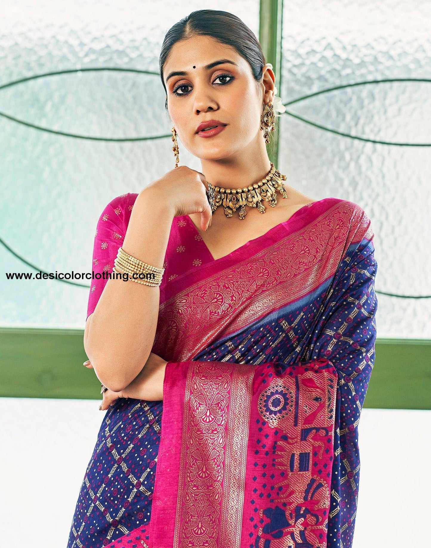 Dark Blue Silk Printed Saree