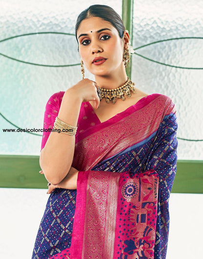 Dark Blue Silk Printed Saree
