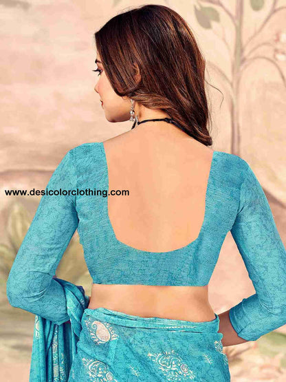 Blue Chiffon Printed Saree