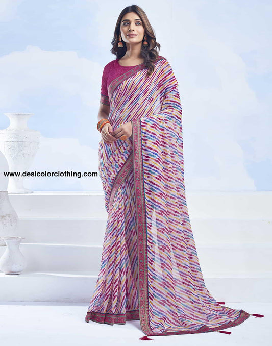 White Printed Chiffon Leheriya Saree