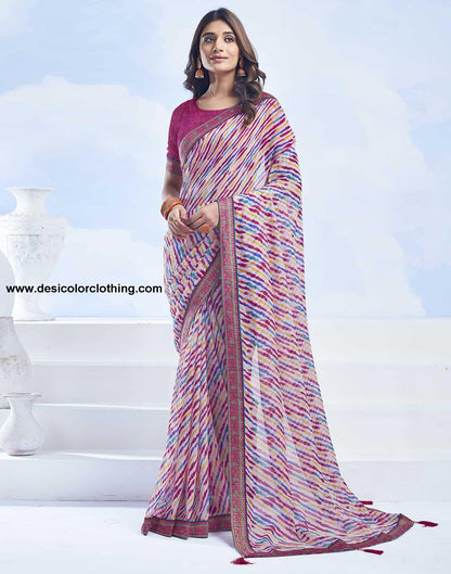 White Printed Chiffon Leheriya Saree
