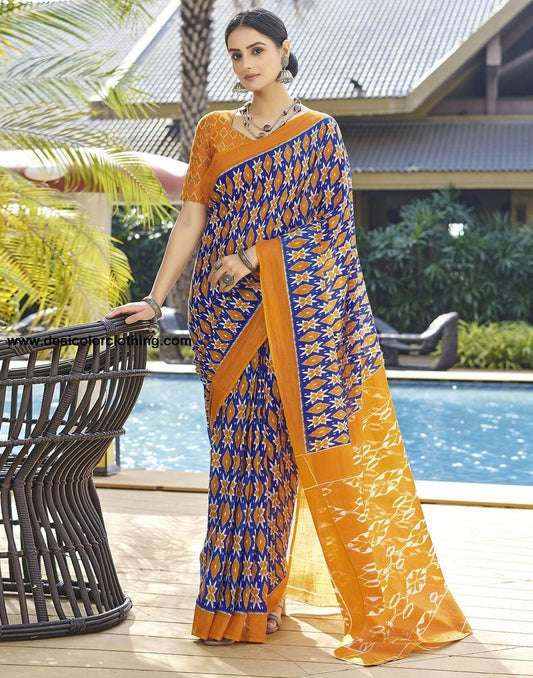 Blue Printed Cotton Pre-Draped Saree