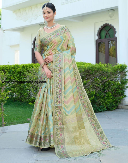 Pista Green Woven Banarasi Organza Saree
